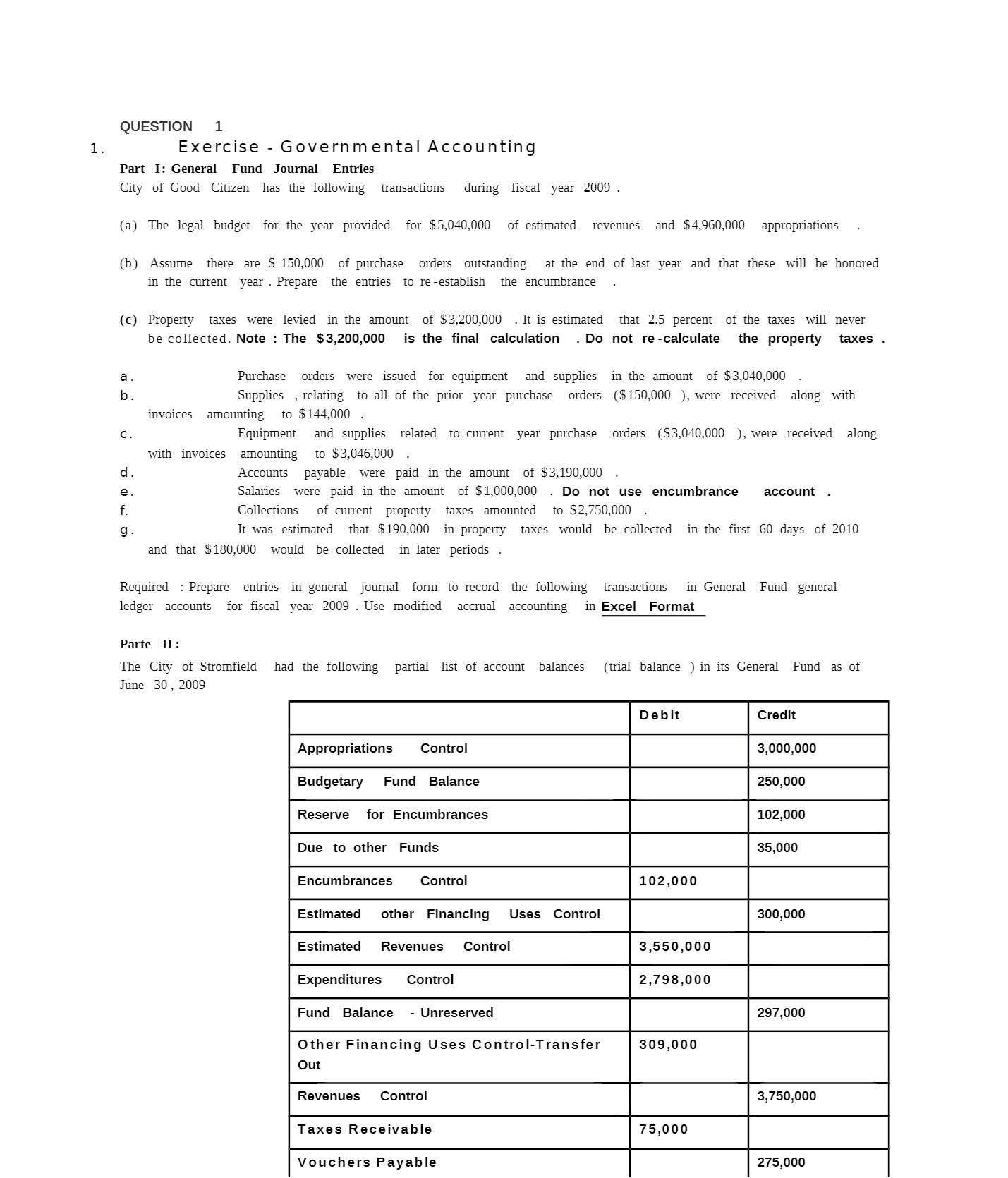 QUESTION 1 1 . Exercise - Governmental Accounting