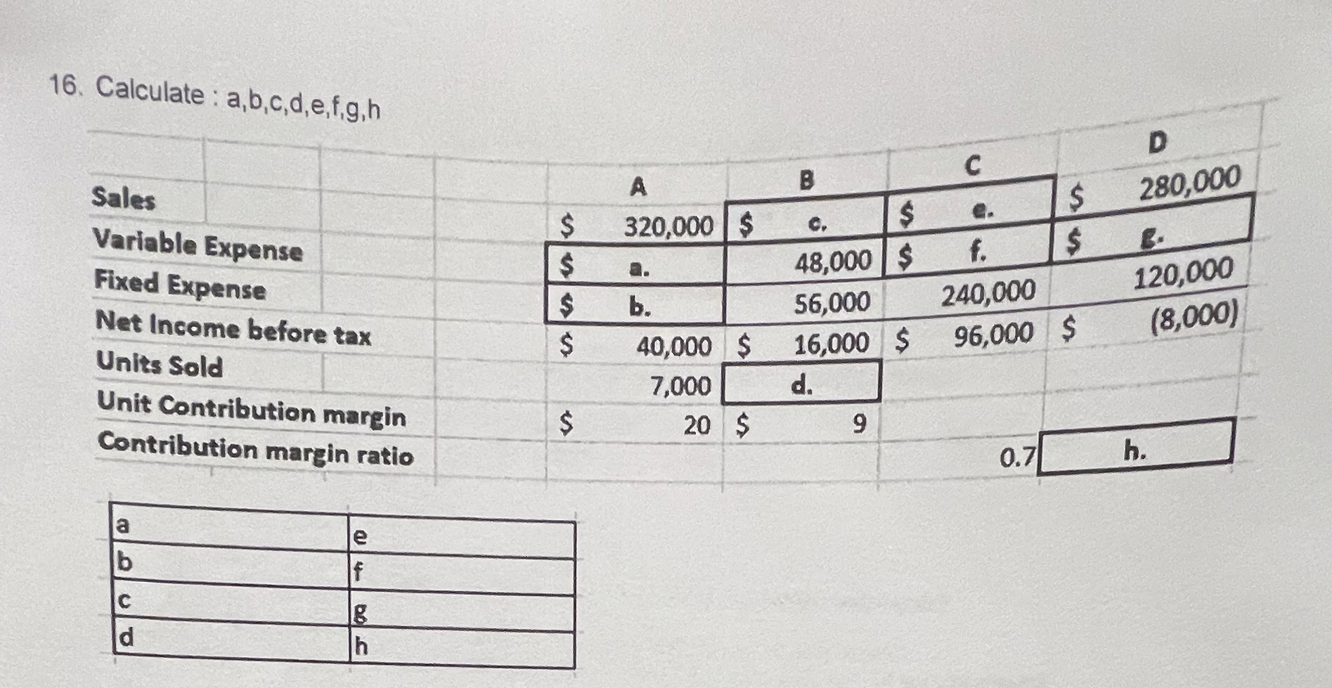 Calculate : a , b , c , d , e , f , g , h \ table