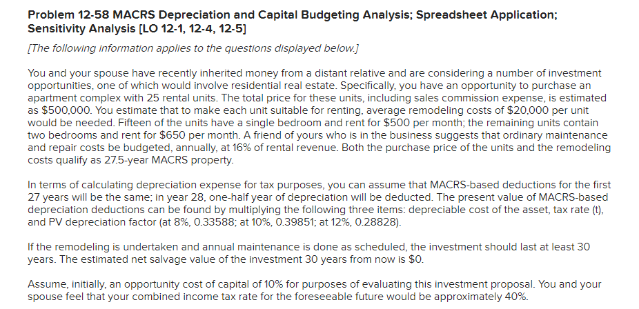 Problem 12-58 MACRS Depreciation and Capital