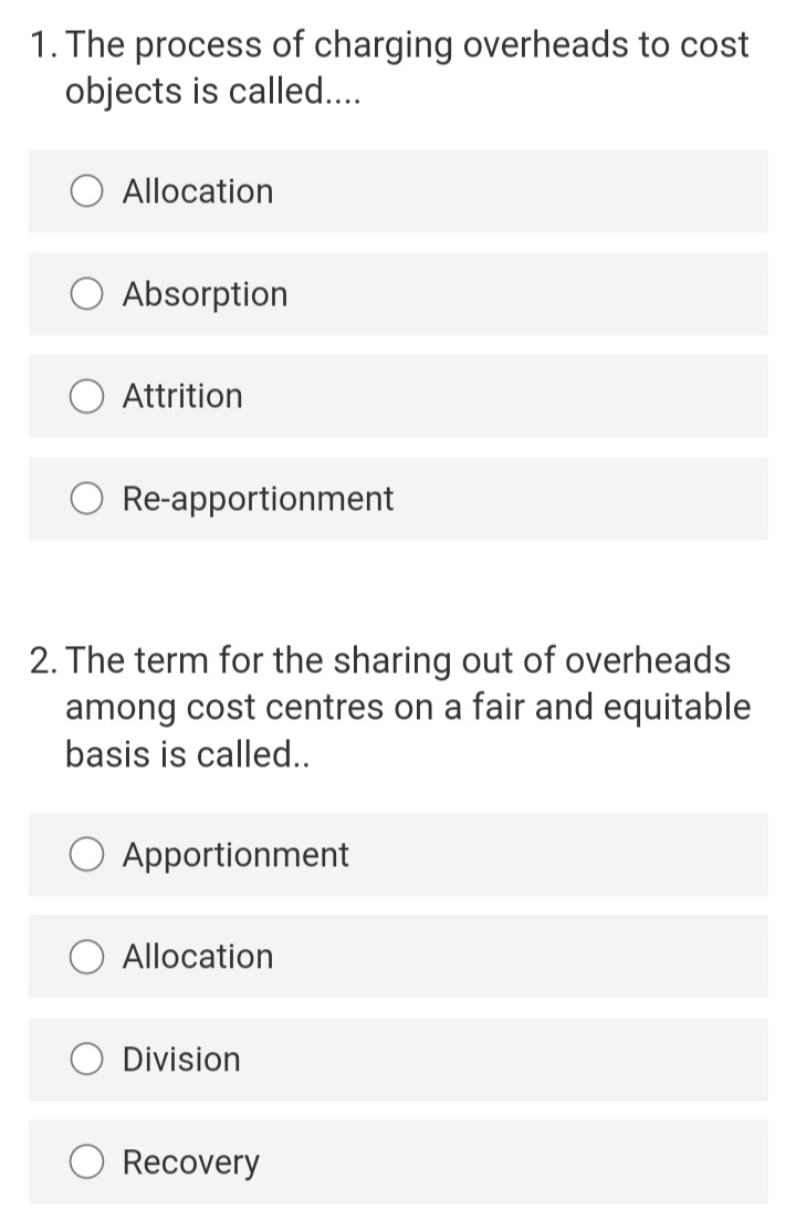 'I.The process of charging overheads to cost