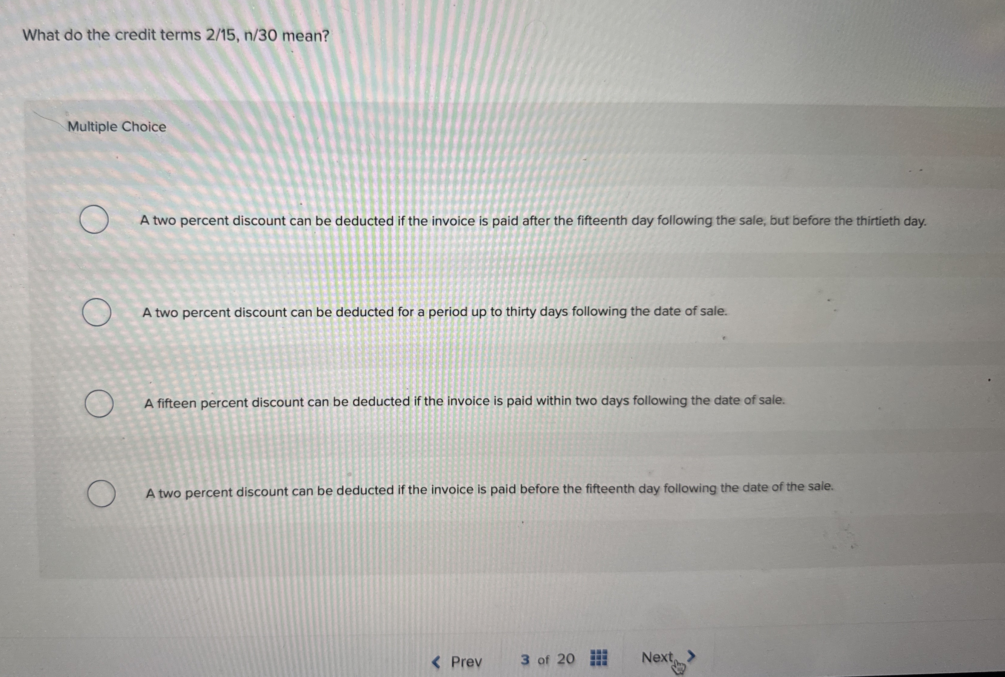 What do the credit terms 2 1 5 , n 3 0 mean?