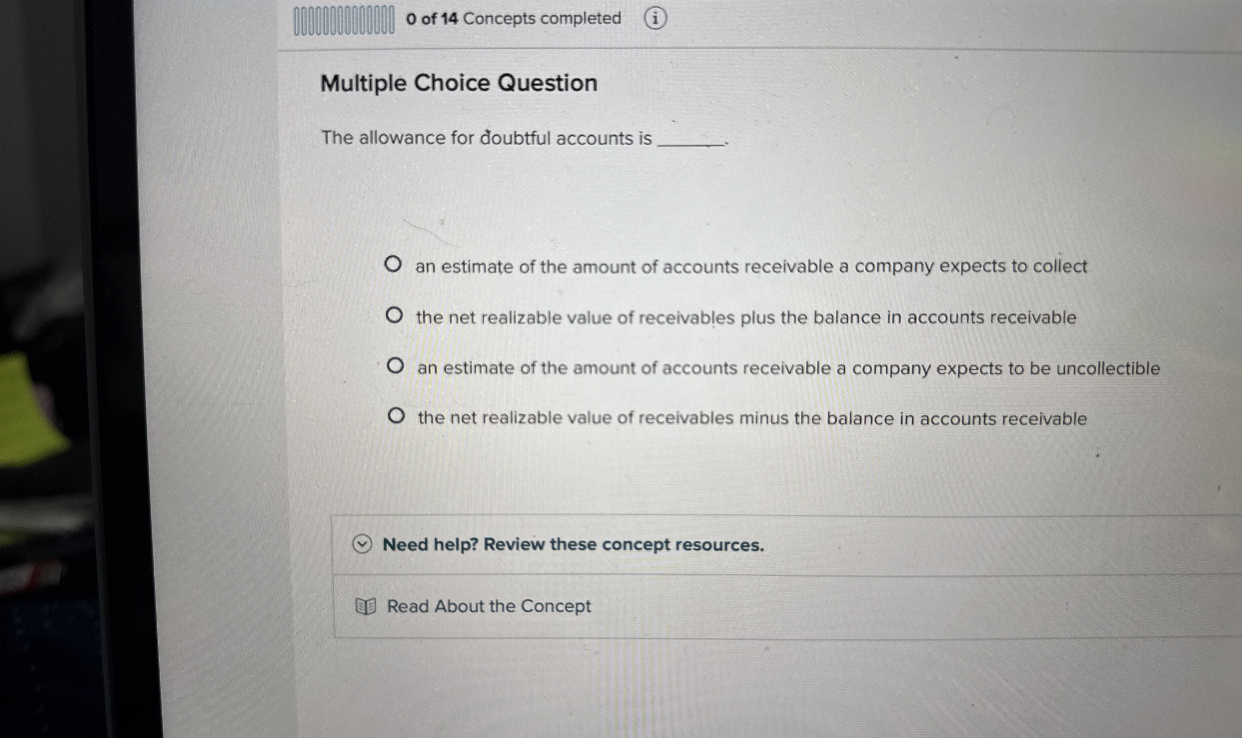 0 of 1 4 Concepts completed ( i ) Multiple Choice
