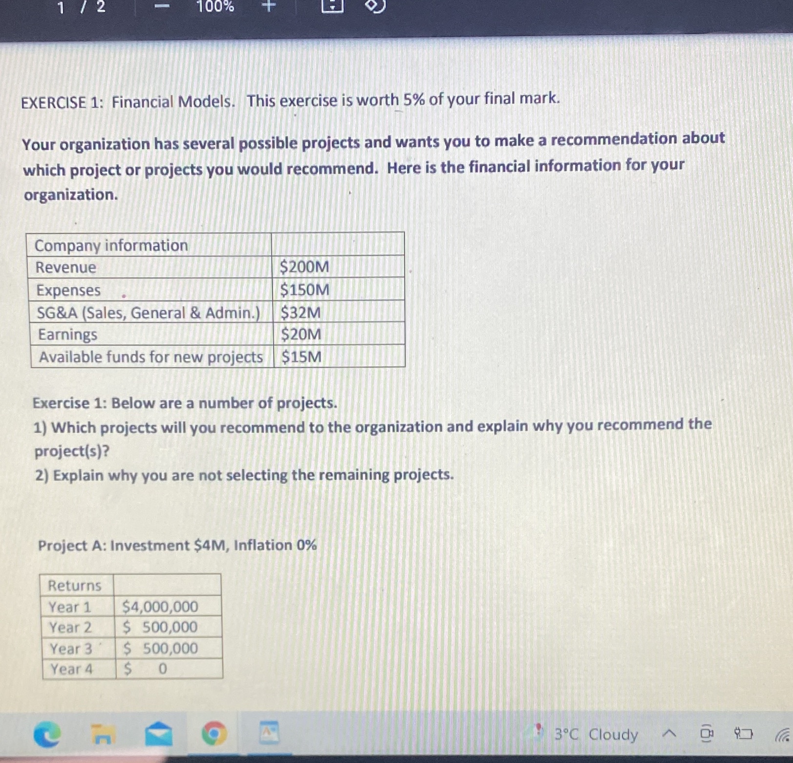 100% EXERCISE 1: Financial Models. This exercise