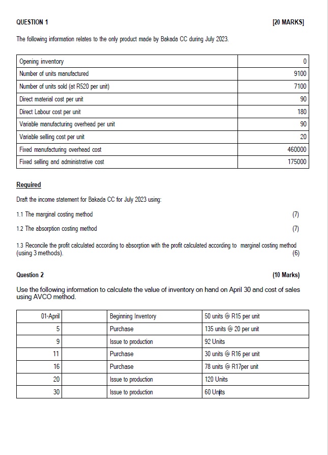 QUESTION 1 [ 2 0 MARKS ] The following