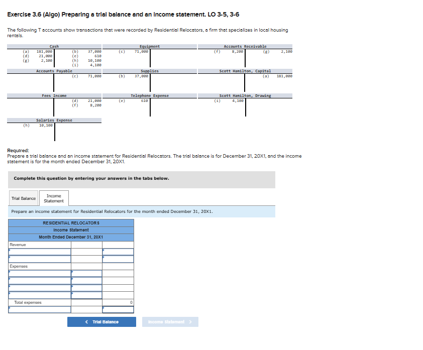 Exerclse 3 . 6 ( Algo ) Preparing a trial balance