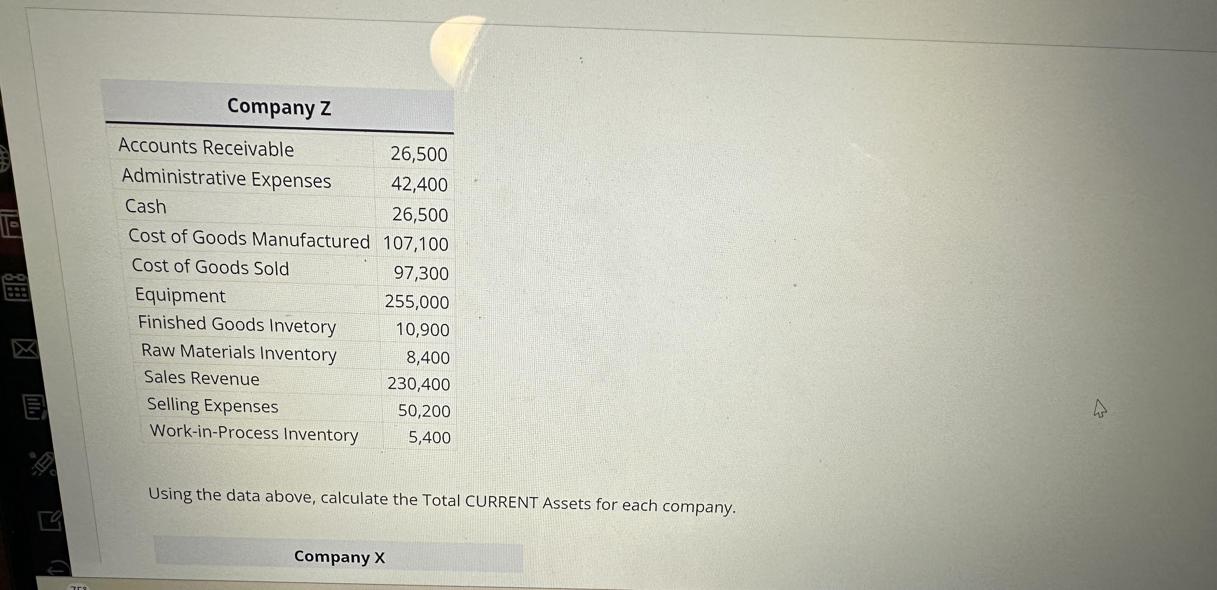 Selected data for three companies are given