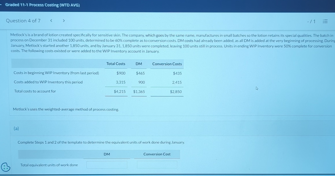 Graded 1 1 - 1 Process Costing ( WTD AVG )