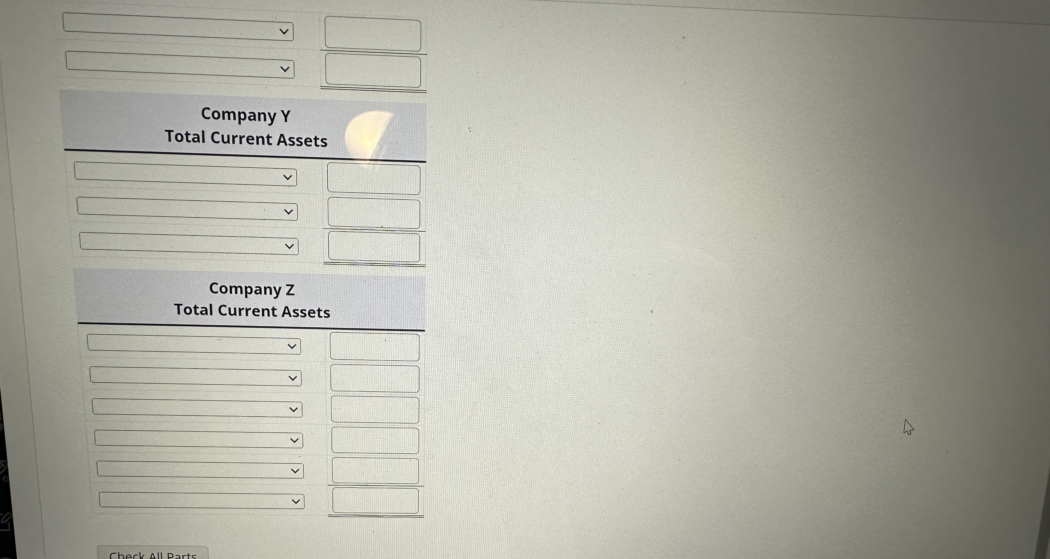 Selected data for three companies are given