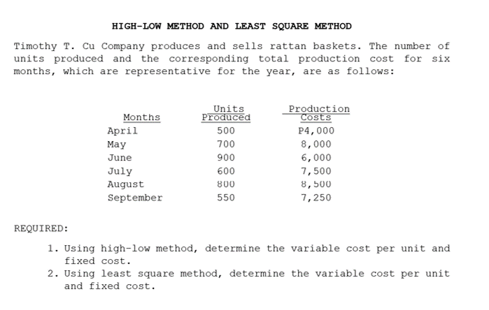 HIGH-LOW METHOD AND LEAST SQUARE METHOD Timothy