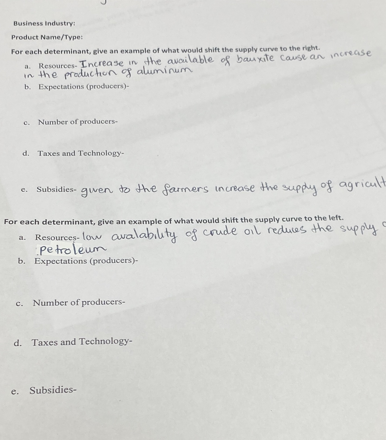 Business Industry: Product Name/Type: For each