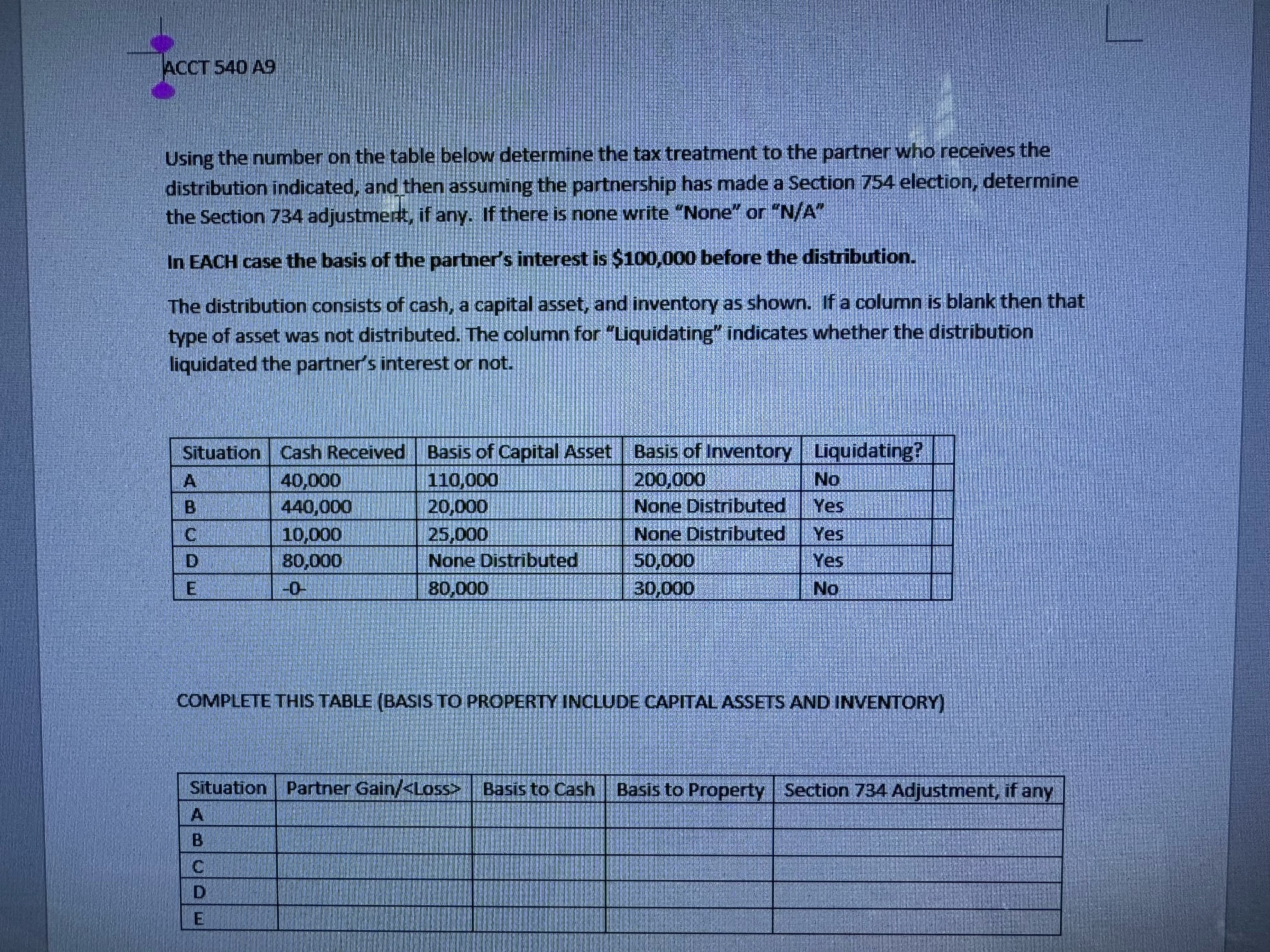 ACCT 5 4 0 A 9 Using the number on the table