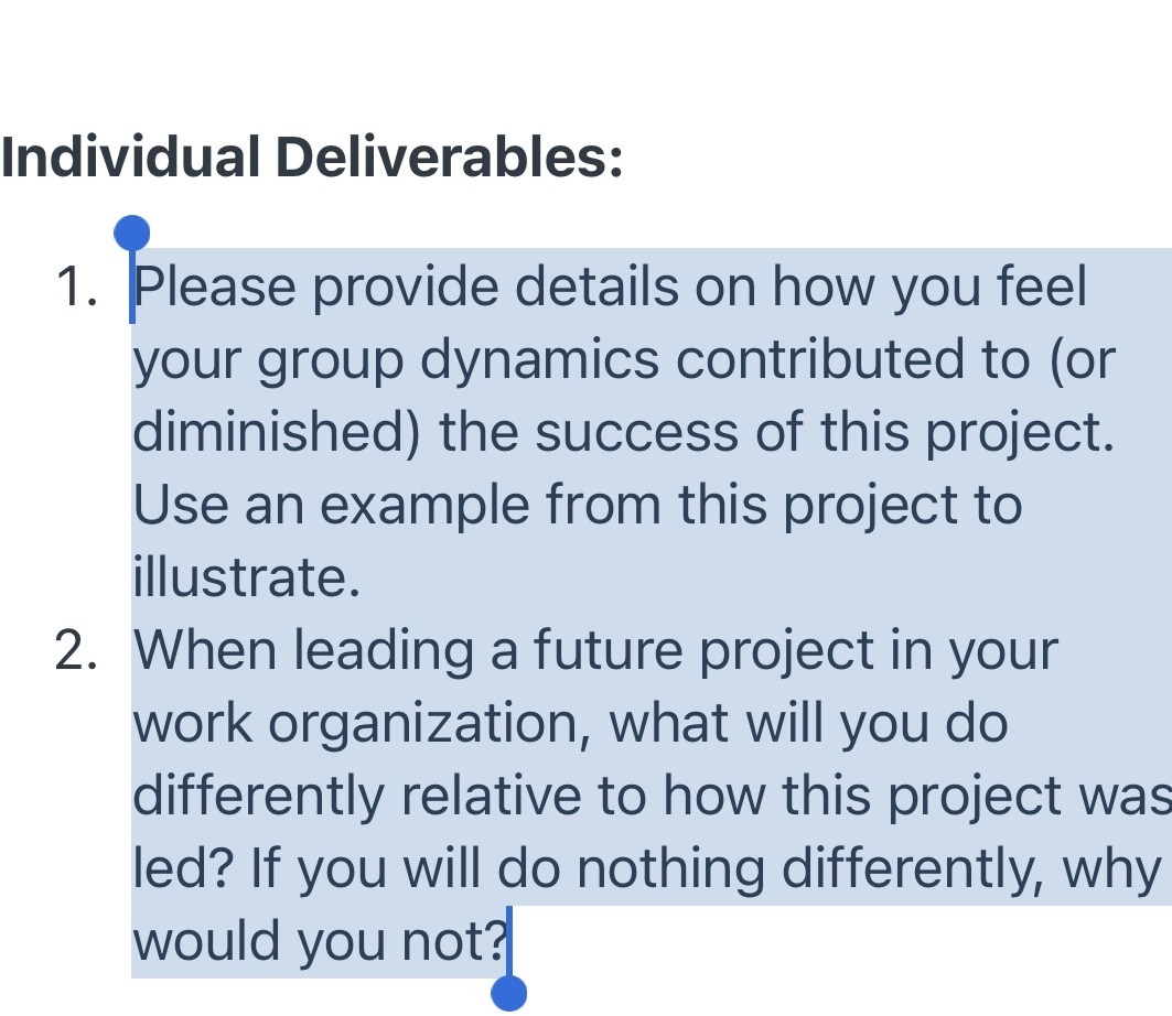 Individual Deliverables: 1. Please provide