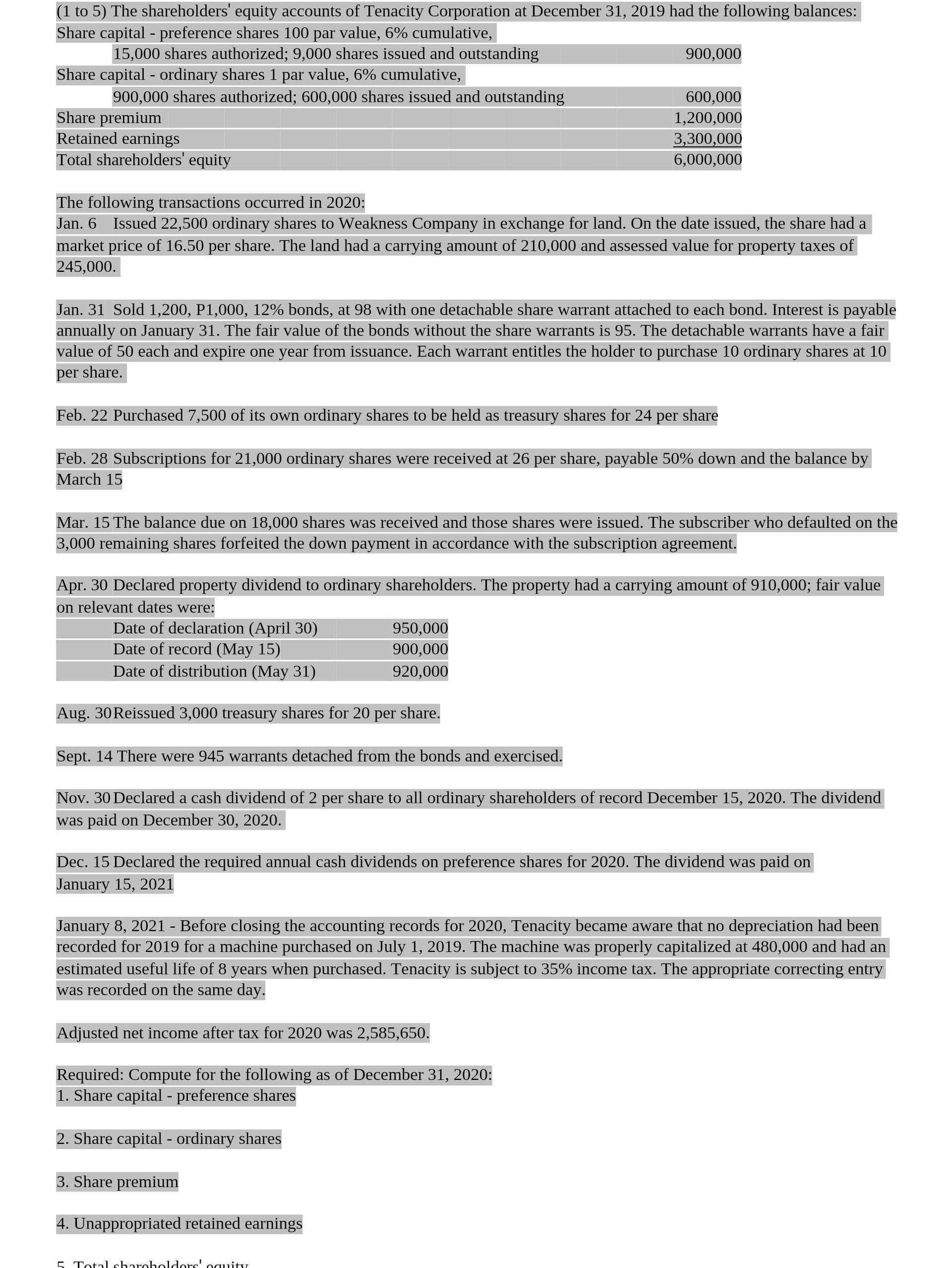 (1 to 5) The shareholders' equity accounts