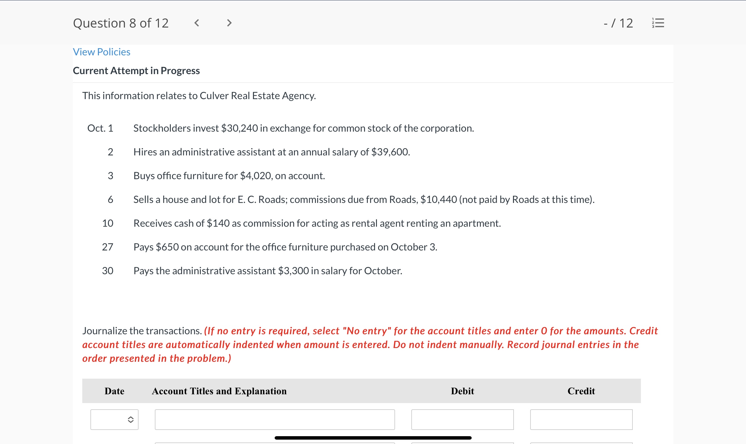 Question 8 of 12 - / 12 Journalize the