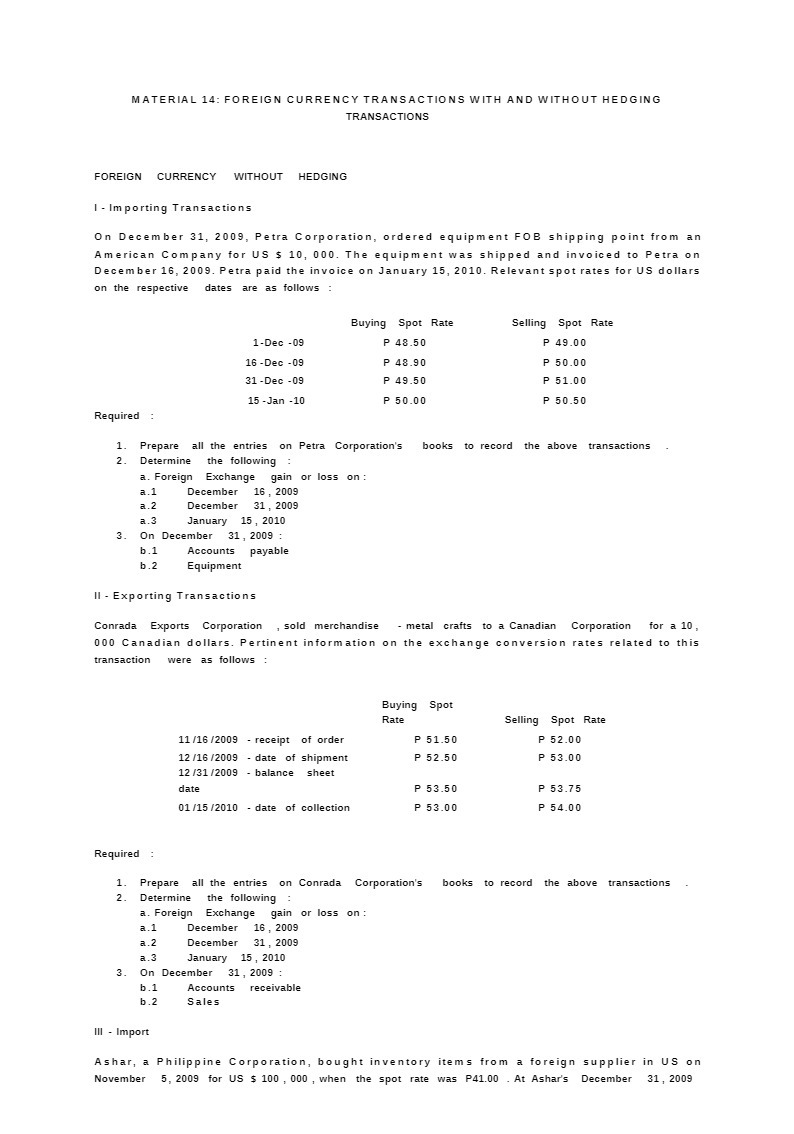 MATERIAL 14: FOREIGN CURRENCY TRANSACTIONS WITH