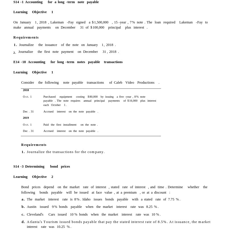$14 -1 Accounting for a long -term note payable