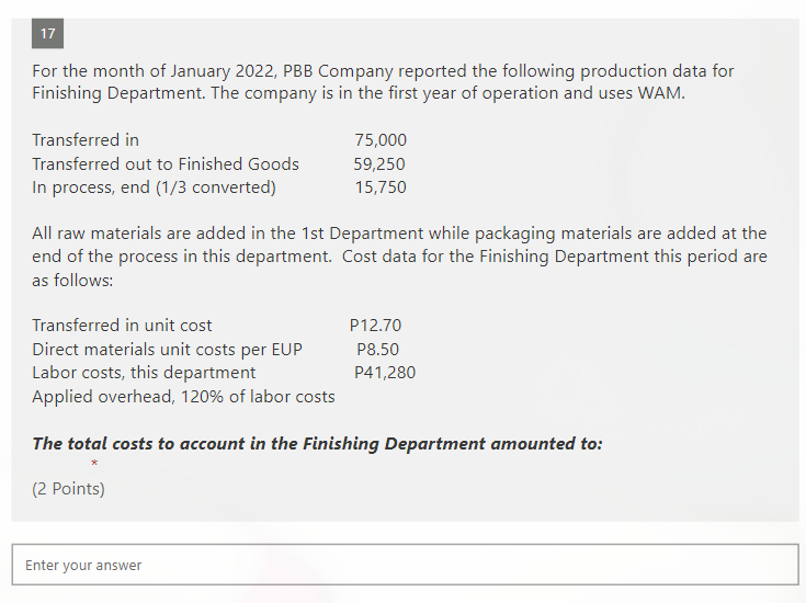 17 For the month of January 2022, PBB Company