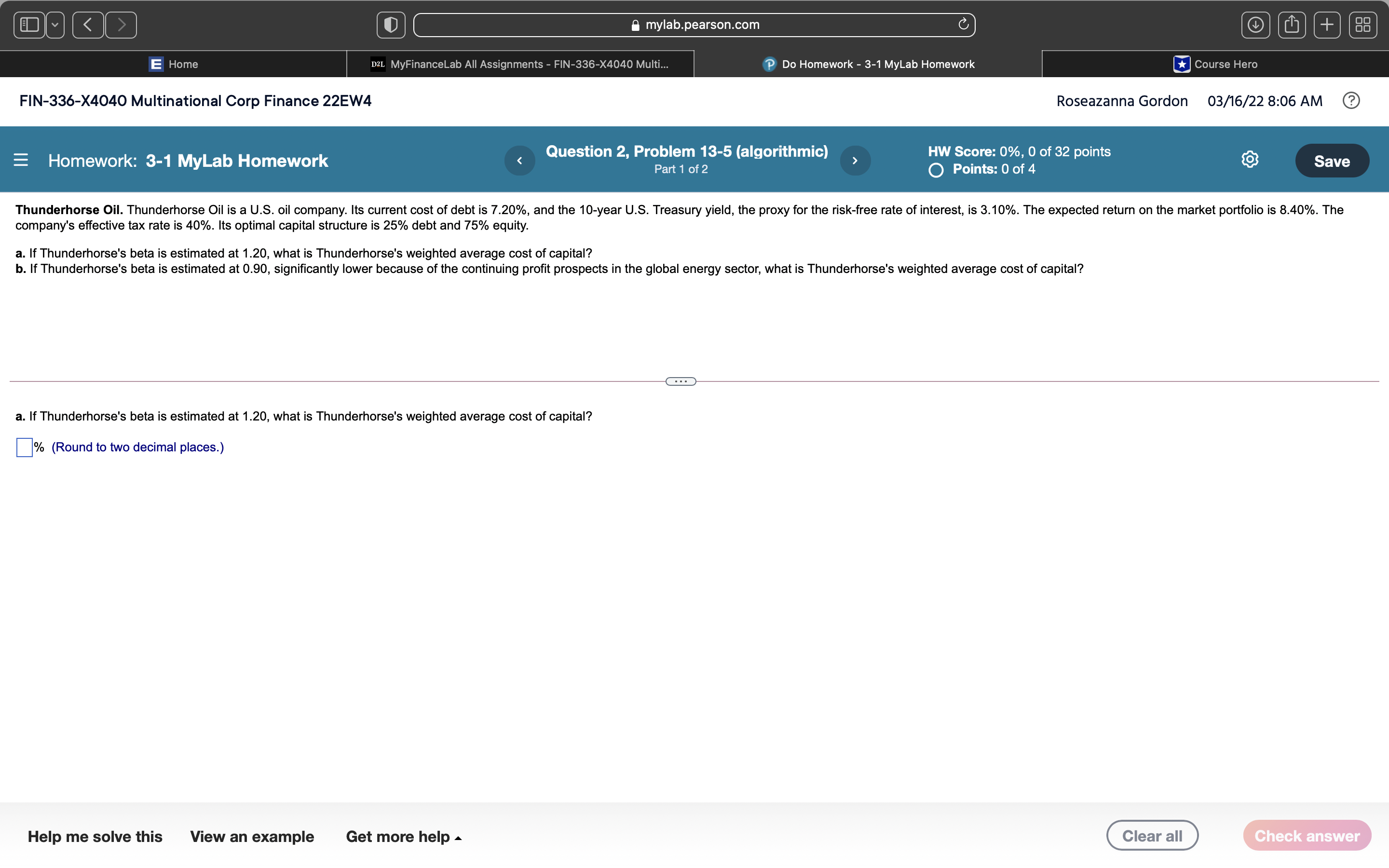 mylab.pearson.com C + 88 E Home D2L MyFinanceLab