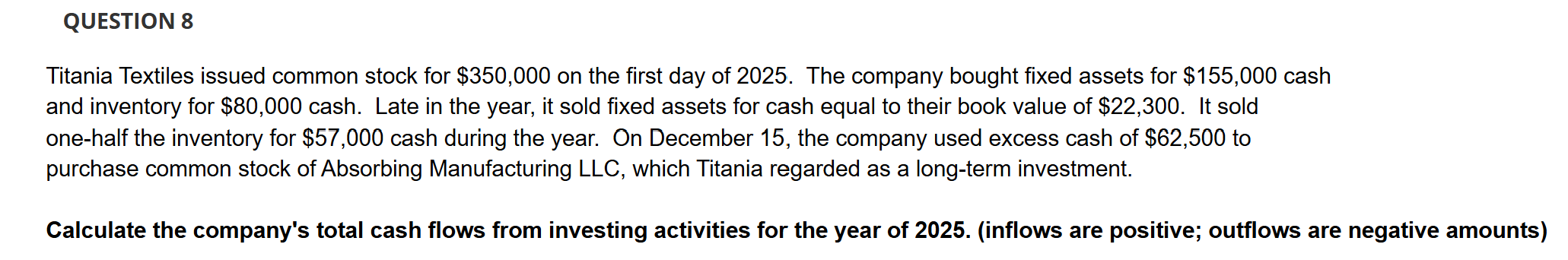 QUESTION 8 Titania Textiles issued common stock
