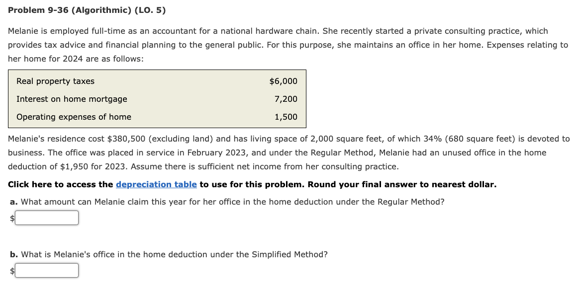 Problem 9-36 (Algorithmic) (LO. 5) Melanie is