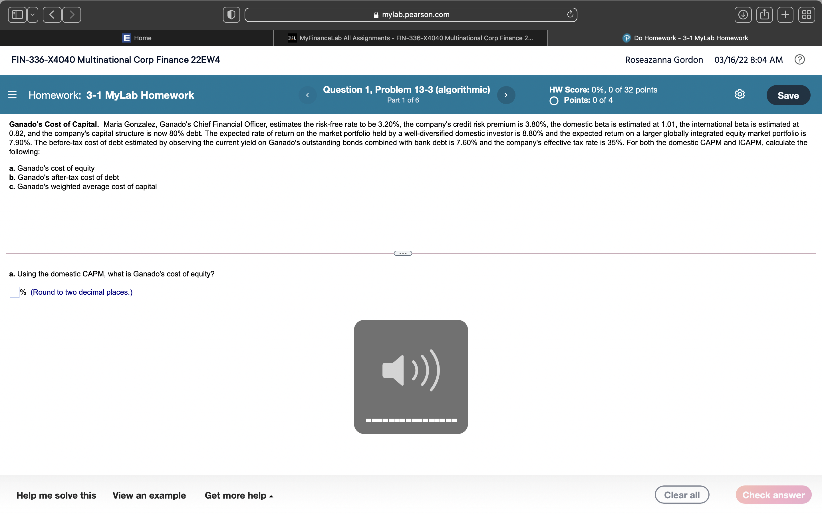 mylab.pearson.com C + 88 E Home D2L MyFinanceLab