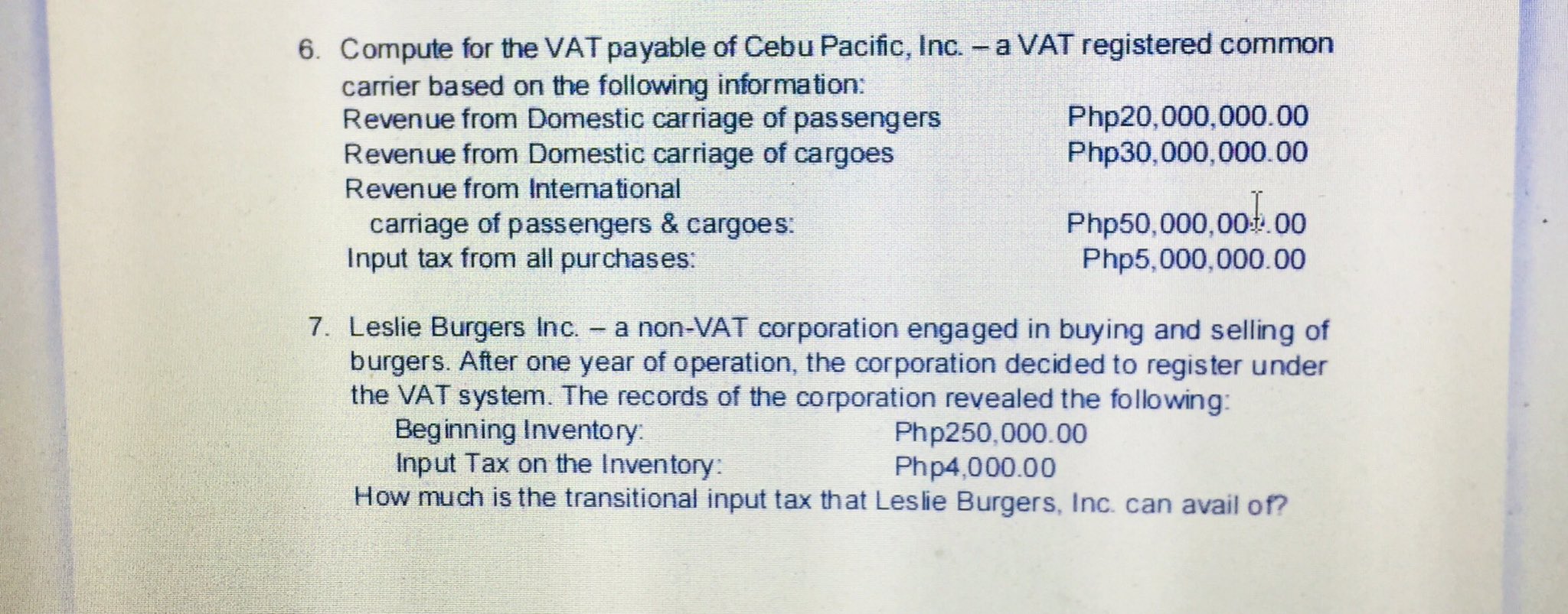 6. Compute for the VAT payable of Cebu Pacific,