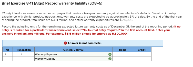 Brief Exercise 8 - 1 1 ( Algo ) Record warranty