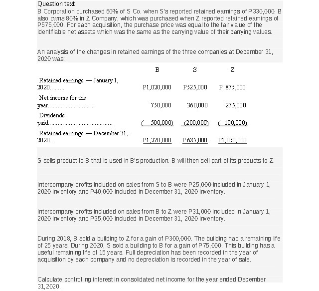 Question text B Corporation purchased 60%% of S