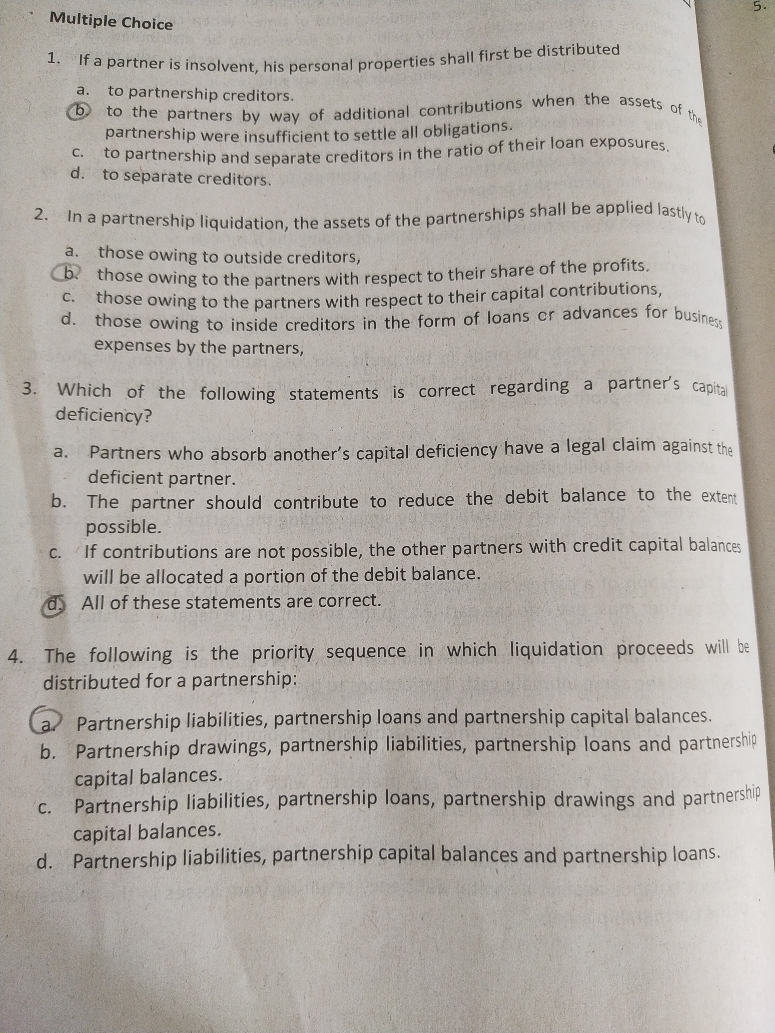 Multiple Choice 1. If a partner is insolvent, his