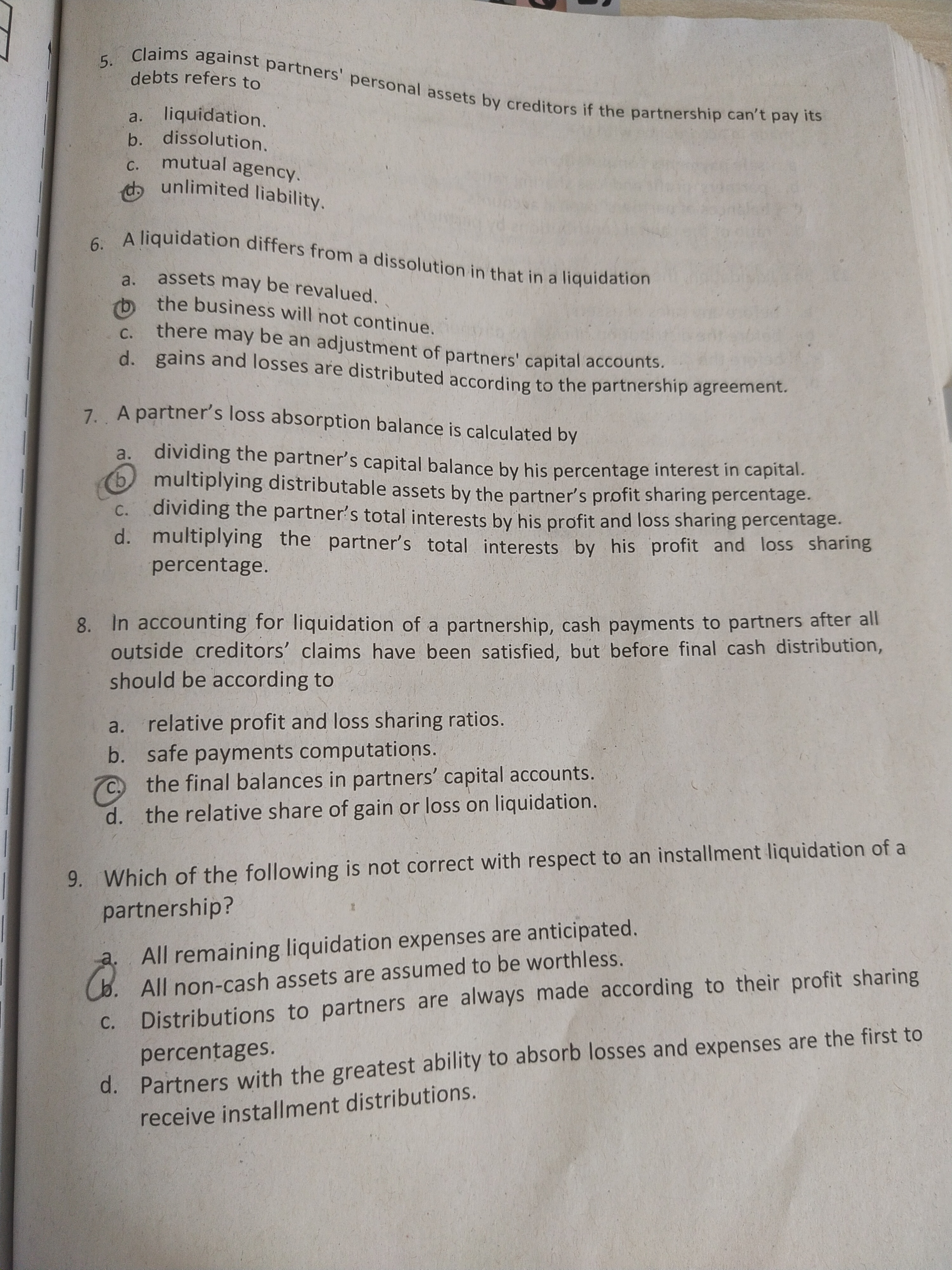 Multiple Choice 1. If a partner is insolvent, his