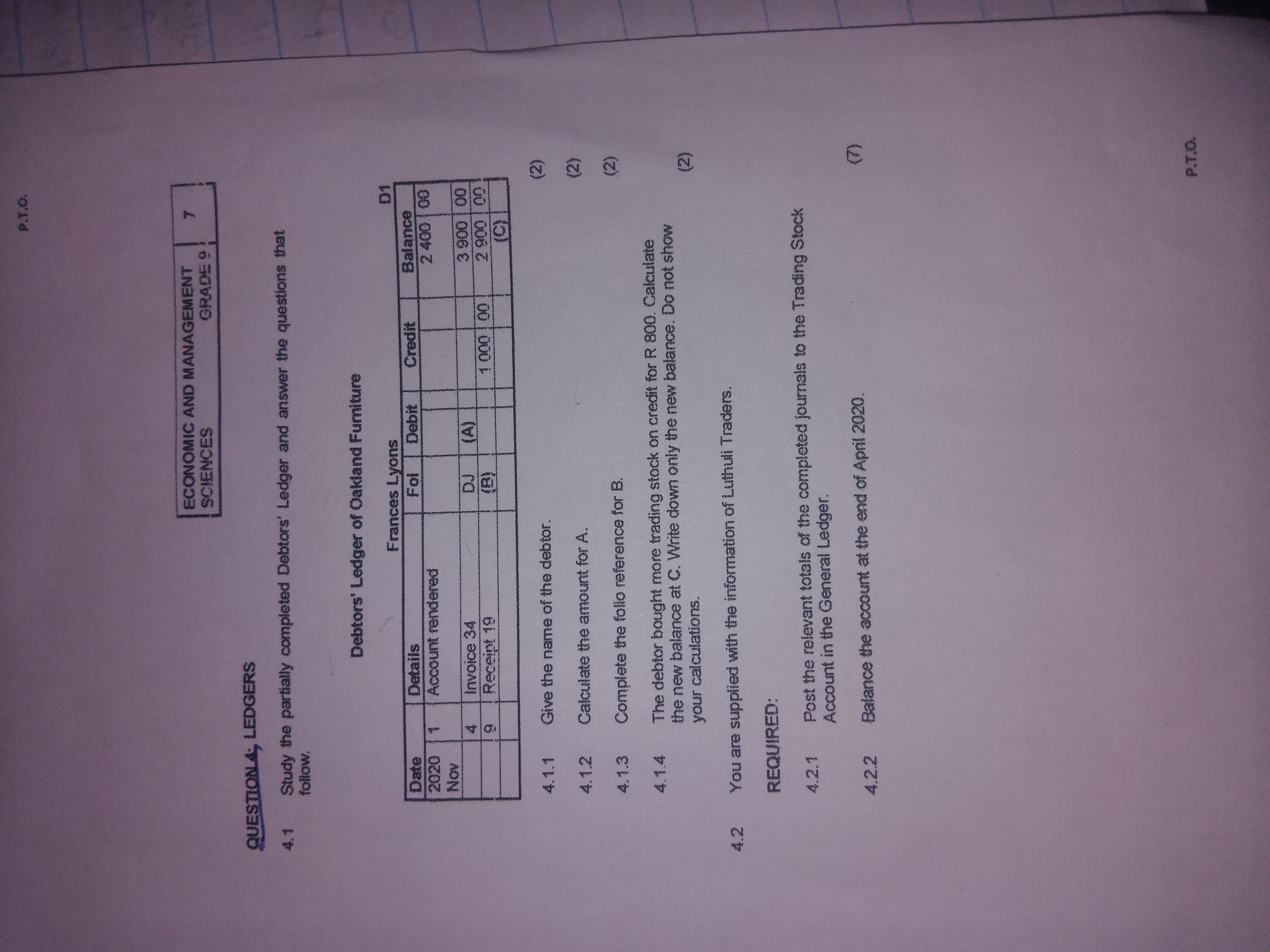 P. T.O. ECONOMIC AND MANAGEMENT 7 SCIENCES GRADE
