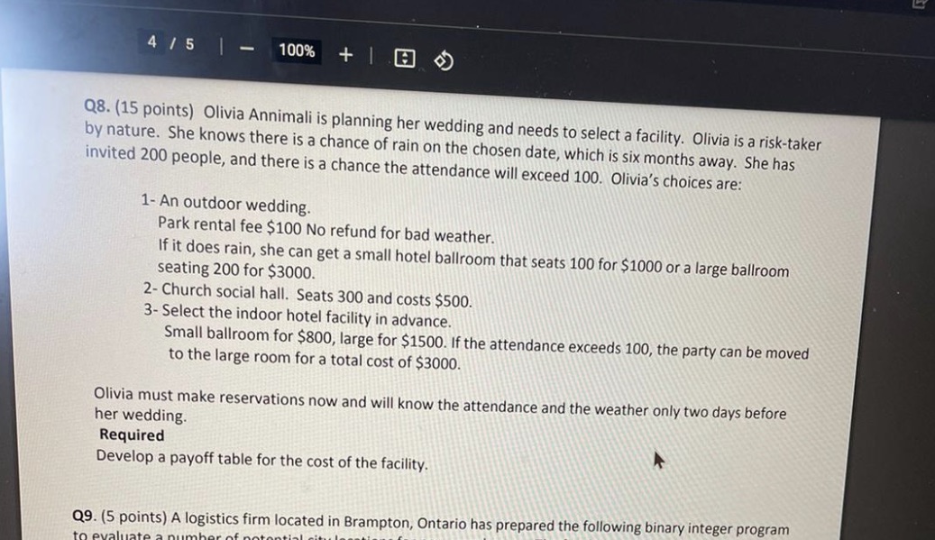 8 4 /5 | - 100% + 1 Q8. (15 points) Olivia