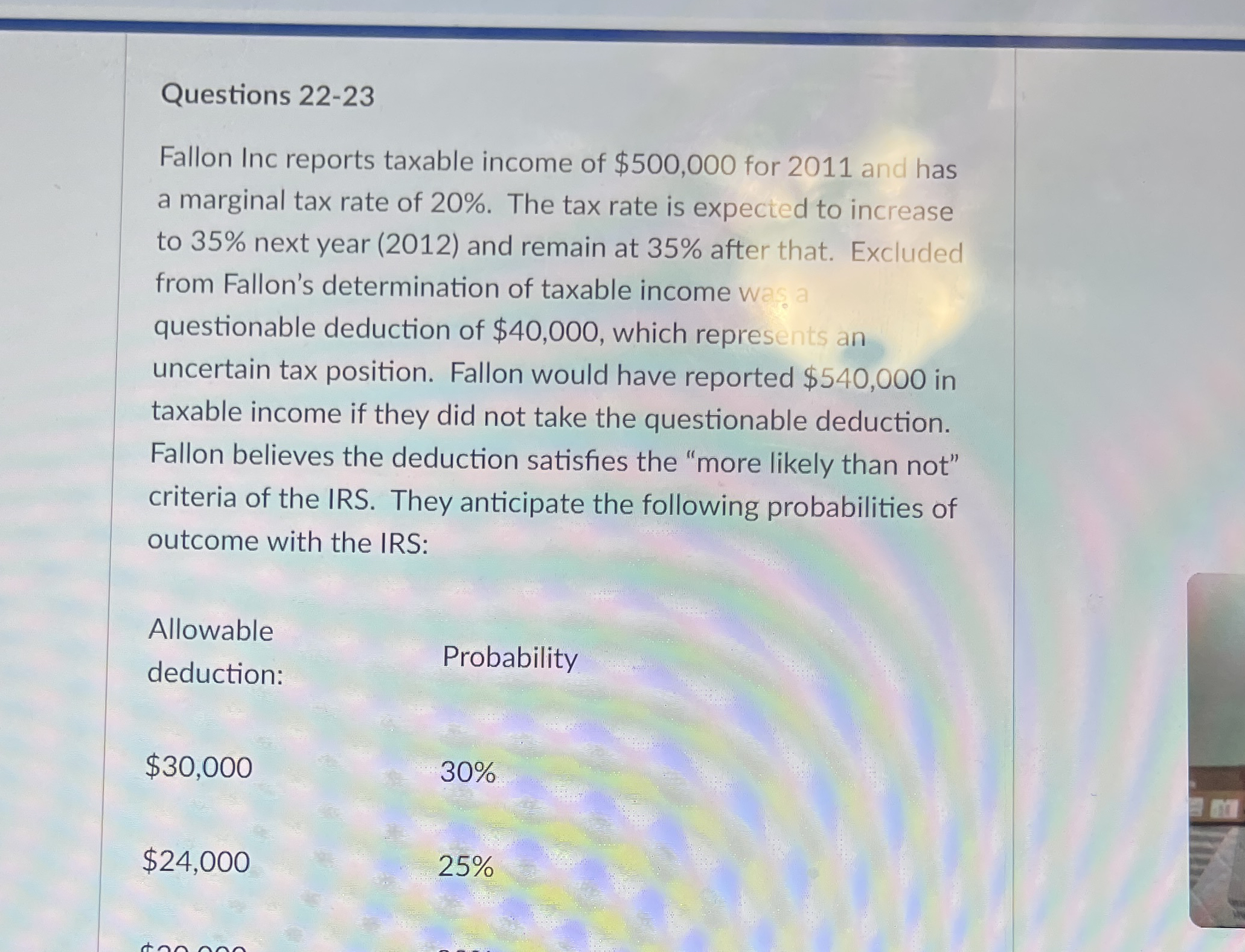 Questions 2 2 - 2 3 Fallon Inc reports taxable