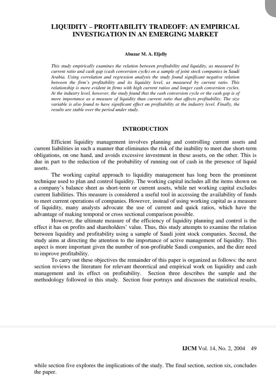 LIQUIDITY - PROFITABILITY TRADEOFF: AN EMPIRICAL