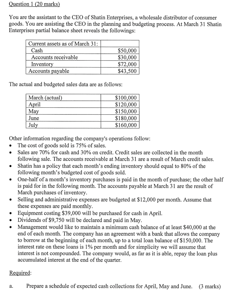 Question 1 120 marks! You are the assistant to