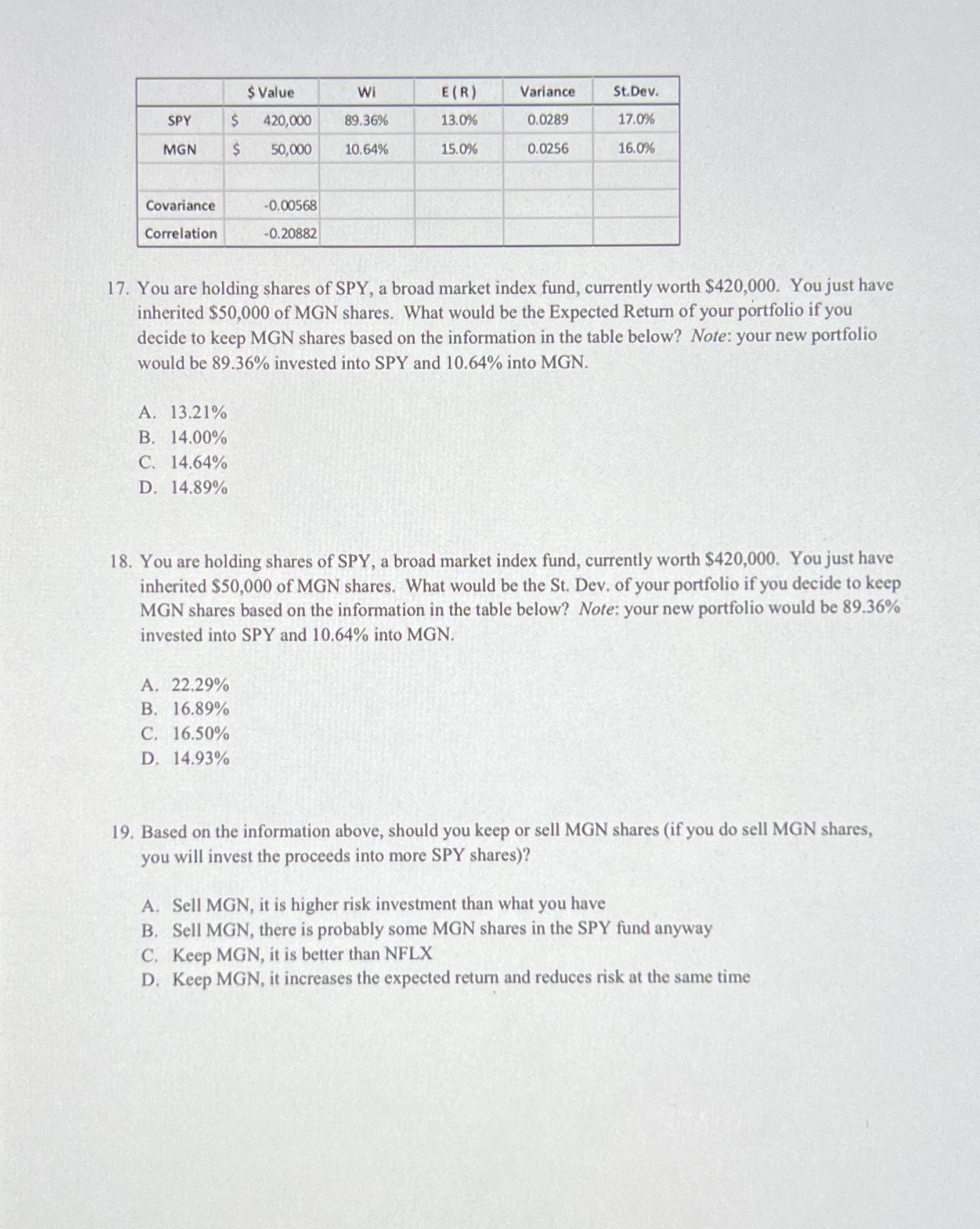 $ Value Wi E (R) Variance St. Dev. SPY $ 420,000