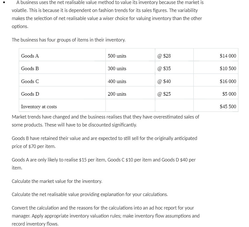 A business uses the net realisable value method