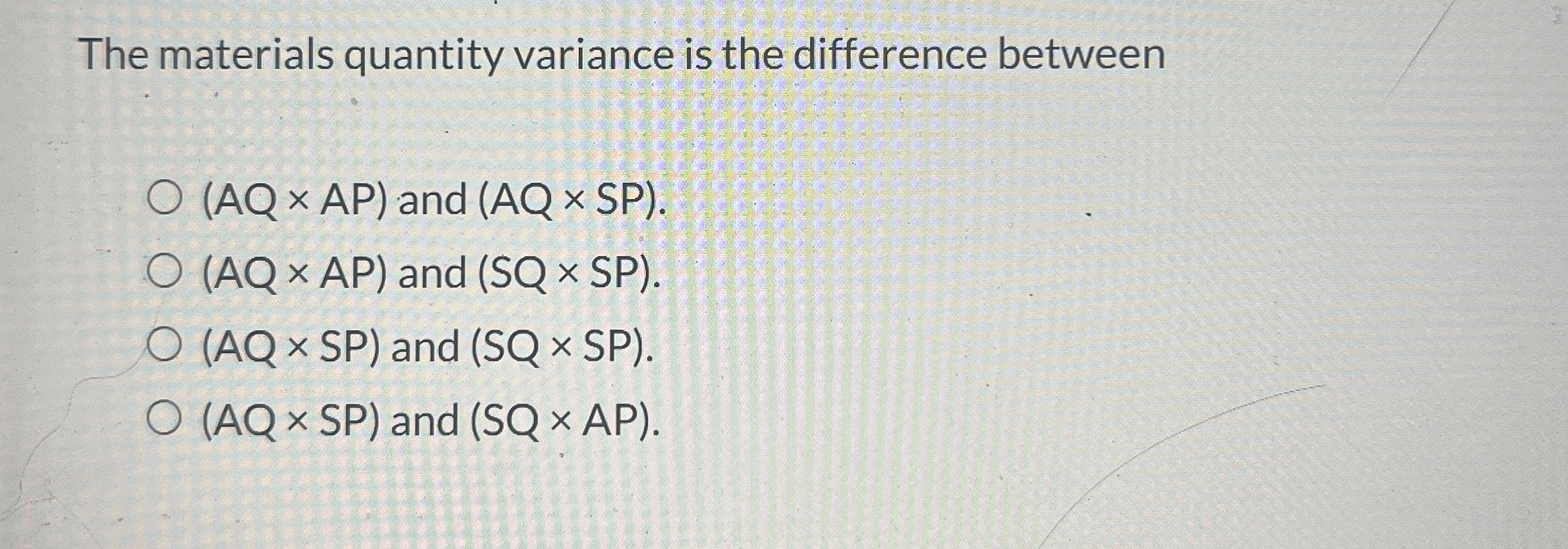 The materials quantity variance is the difference