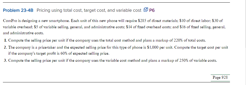 Problem 23-4B Pricing using total cost, target