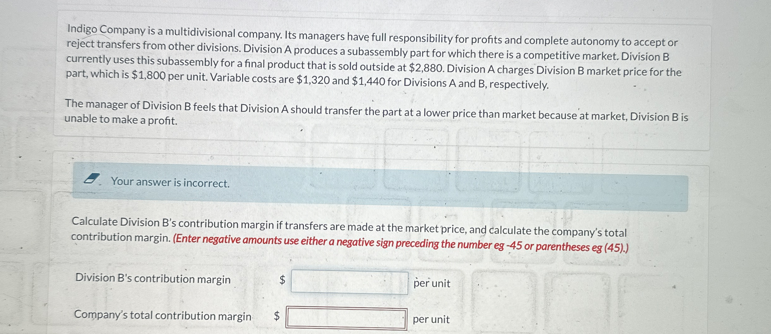 Indigo Company is a multidivisional company. Its