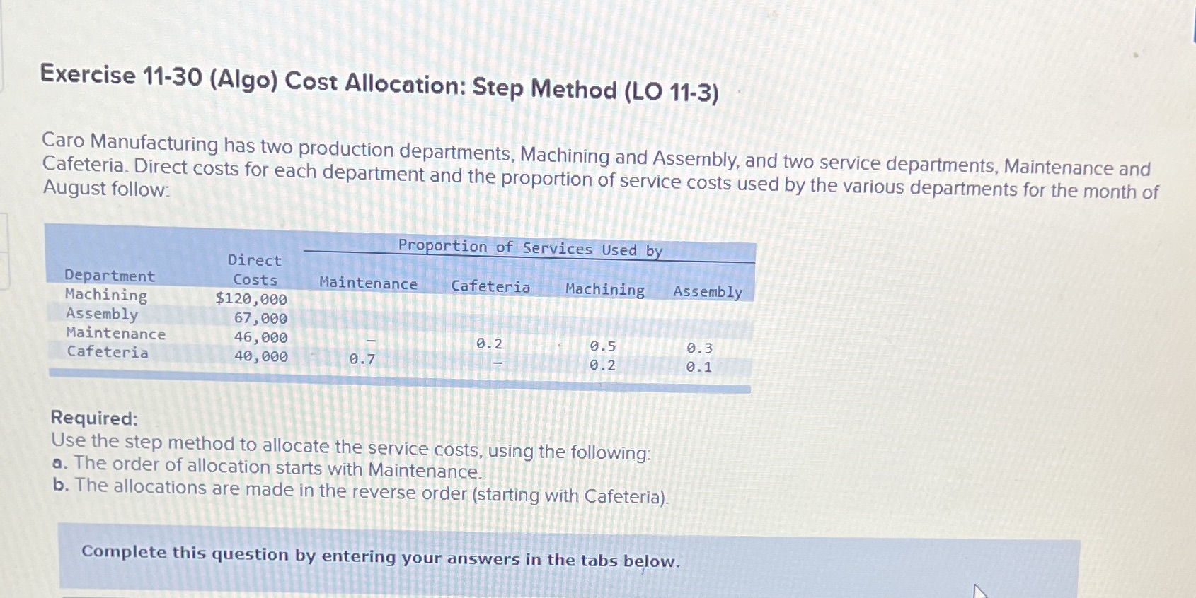 Exercise 11-30 (Algo) Cost Allocation: Step