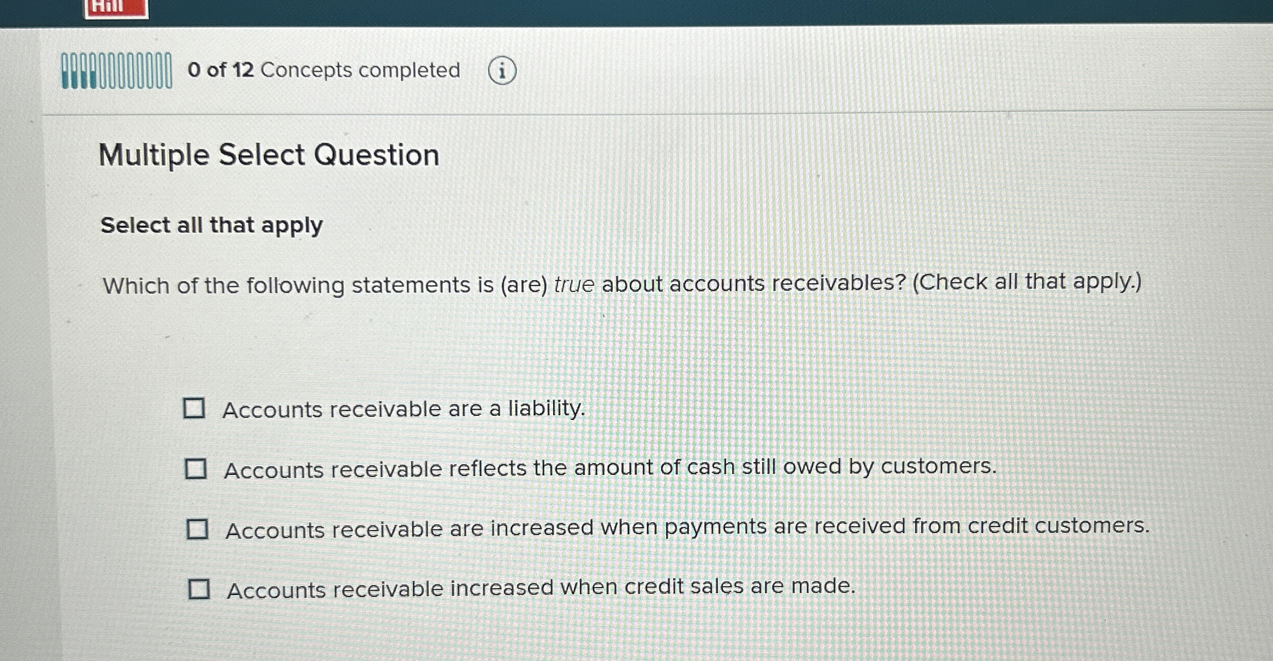 0 of 1 2 Concepts completed Multiple Select