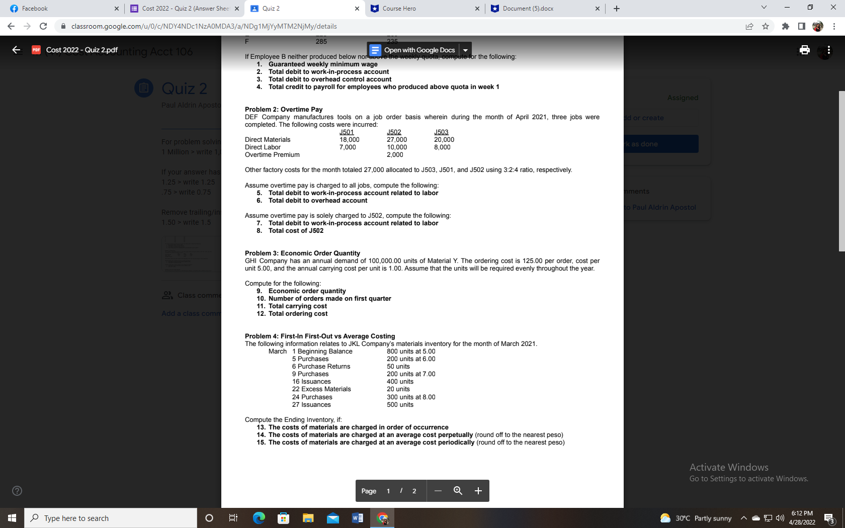 f Facebook x Cost 2022 - Quiz 2 (Answer Sheel X :