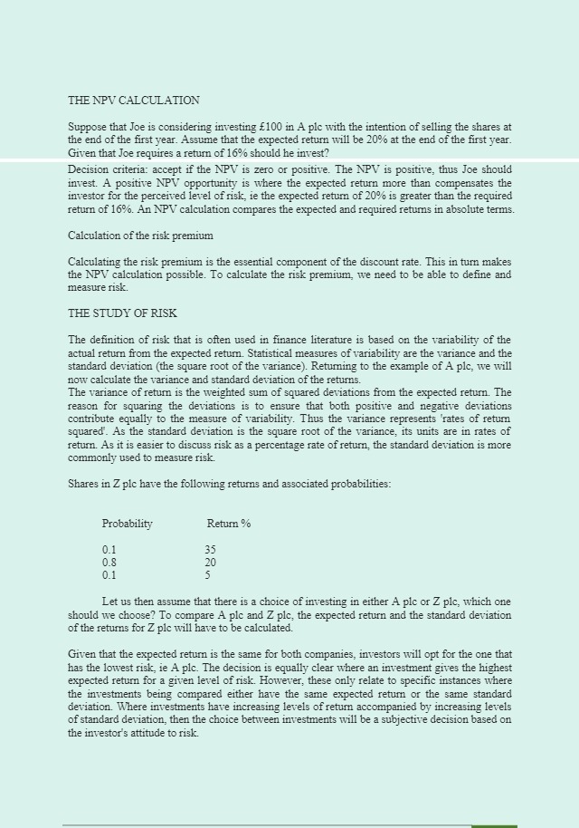 THE NPV CALCULATION Suppose that Joe is