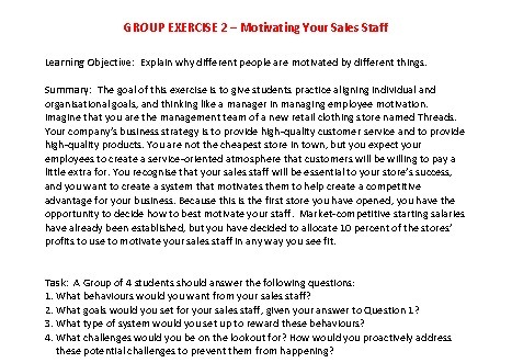 GROUP EXERCISE 2 - Motivating Your Sales Staff