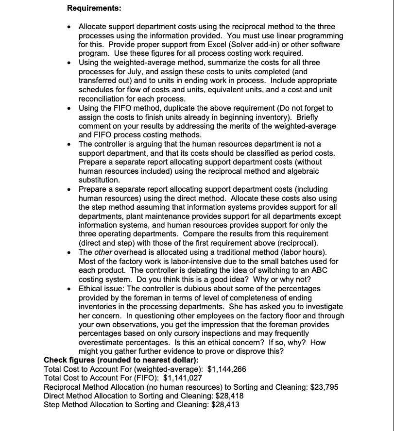 Other select cost and unit data are presented