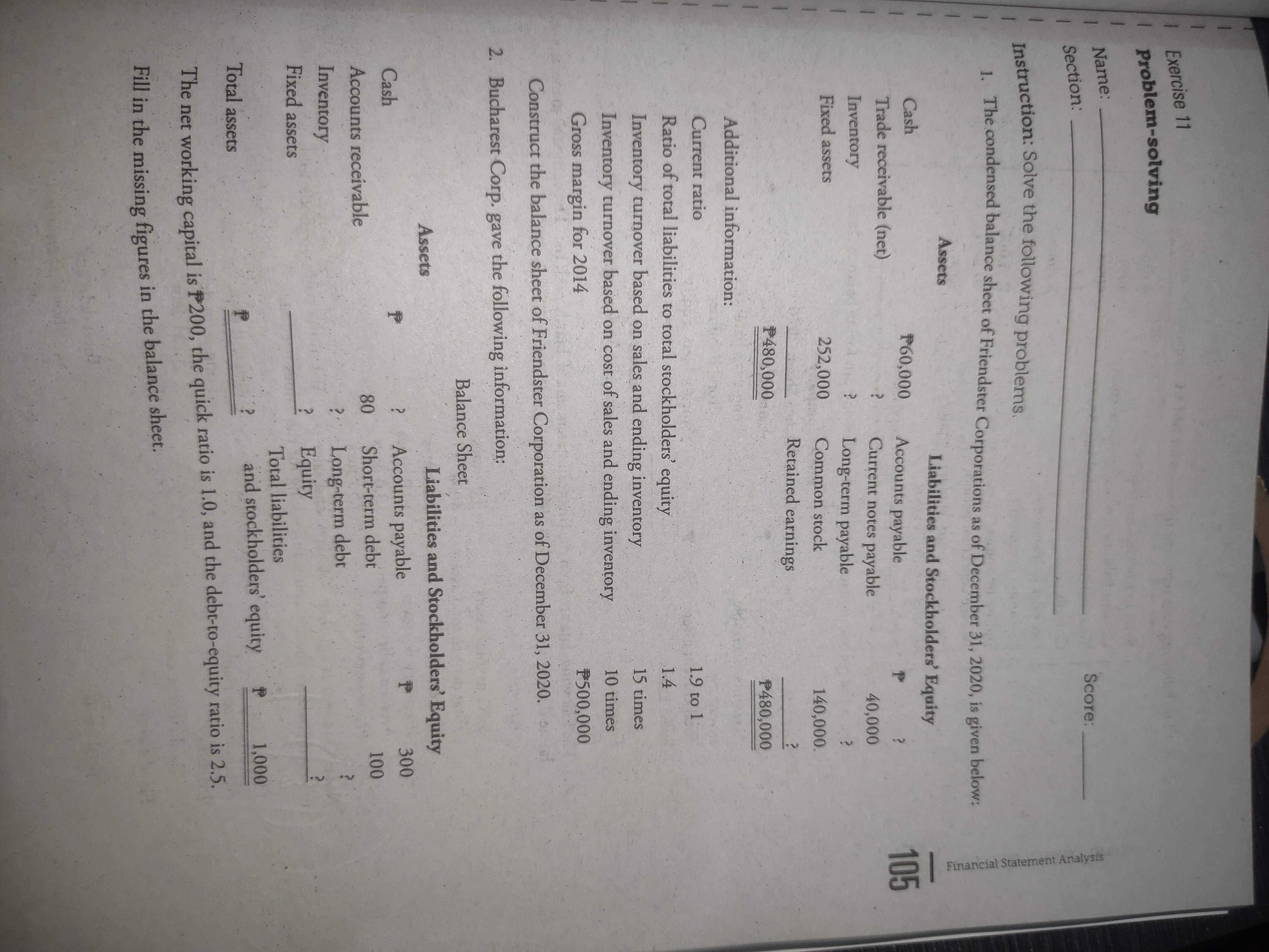 Exercise 11 Problem-solving Name : Score: Section
