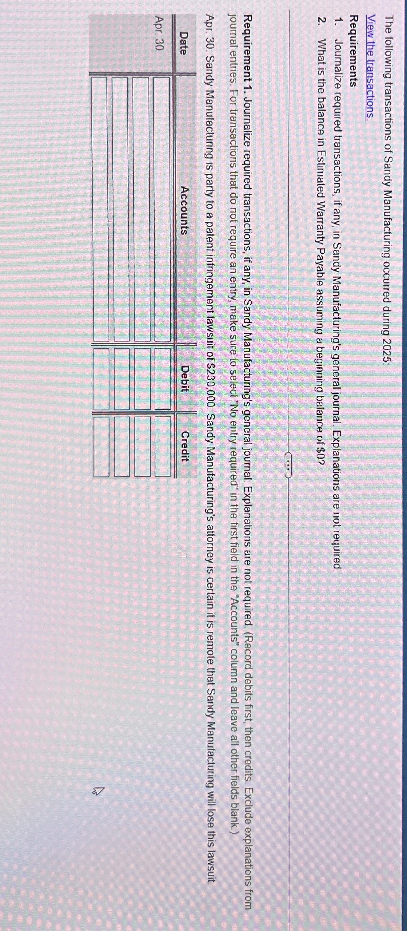 The following transactions of Sandy Manufacturing