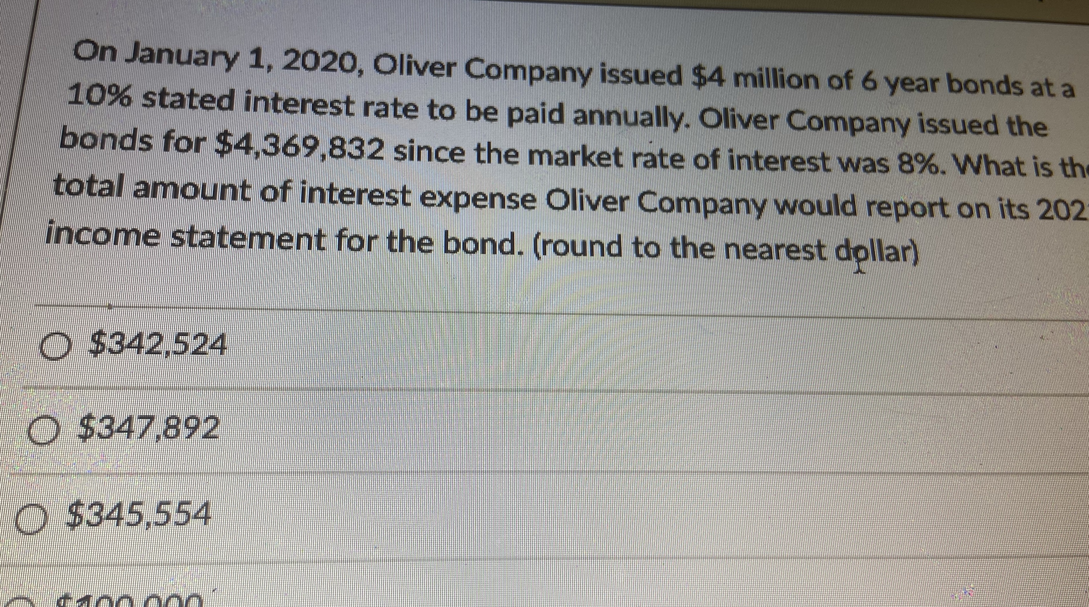 On January 1, 2020, Oliver Company issued $4