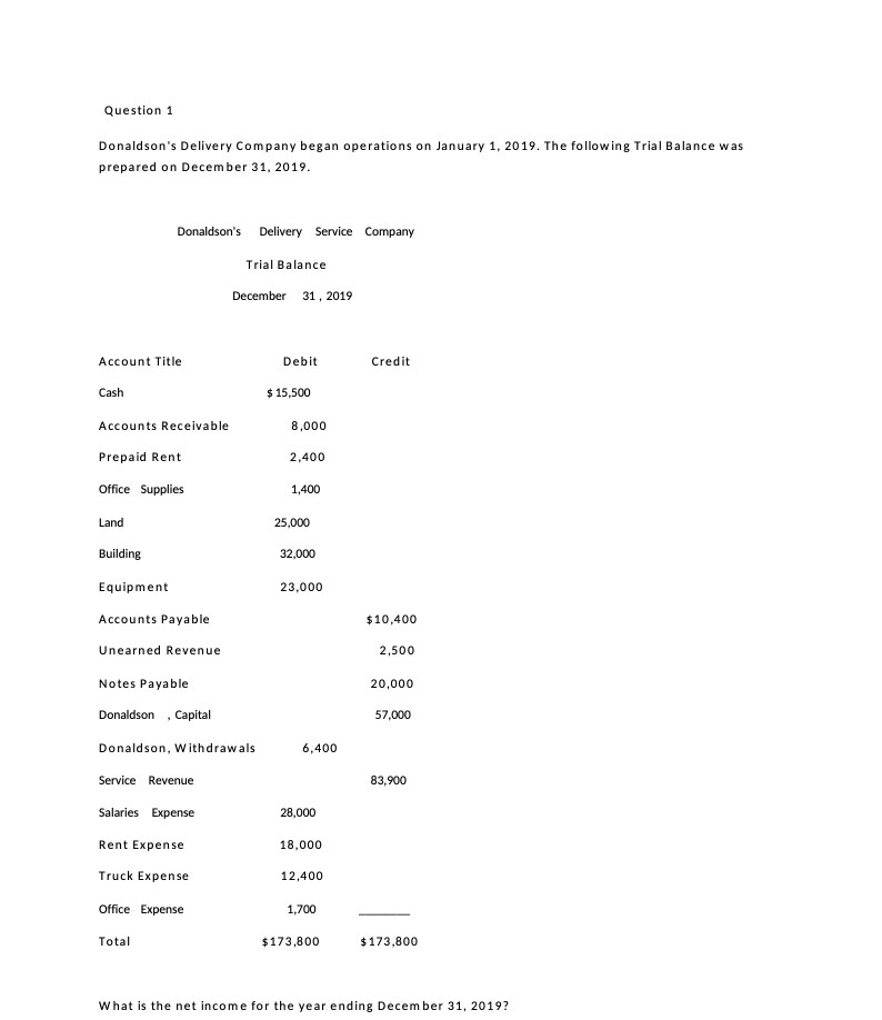 Question 1 Donaldson's Delivery Company